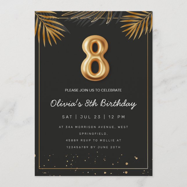 Invitation Feuilles de palmier tropical doré 8e anniversaire (Devant)