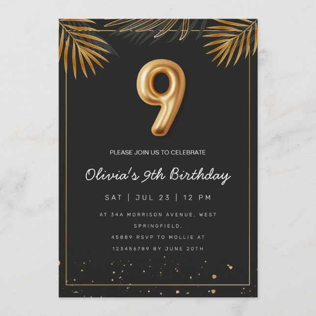 Invitation Feuilles de Palmier Tropical Doré 9e Anniversaire  (Devant)