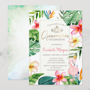 Invitation Feuilles de palmier tropical Fleurs Flamant rose