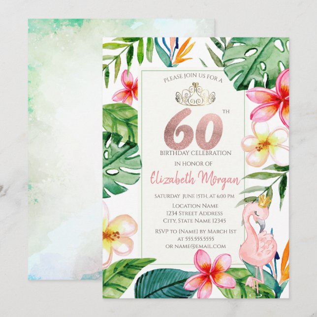 Invitation Feuilles de Palmier Tropical Fleurs Flamant Rose 6 (Devant / Derrière)