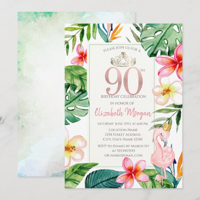 Invitation Feuilles de palmier tropical Fleurs Flamant rose 9 (Devant / Derrière)