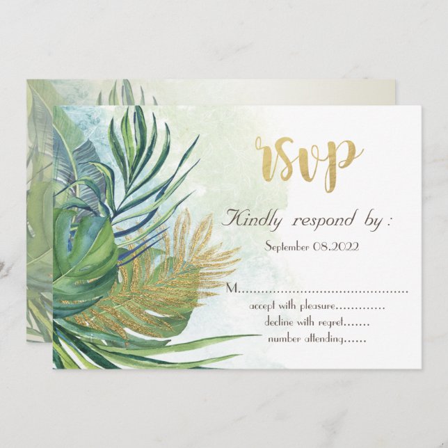 Invitation Feuilles de palmier Tropical Gold Été  RSVP   (Devant / Derrière)