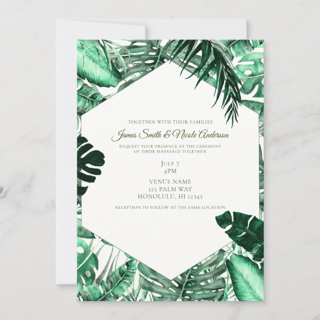 Invitation Feuilles de palmier tropical vert foncé Mariage d' (Devant)