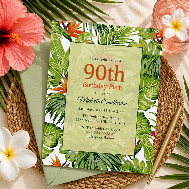 Invitation Feuilles de Palmier Tropicales 90e Anniversaire (Tropical palm leaves 90th birthday party invitation)