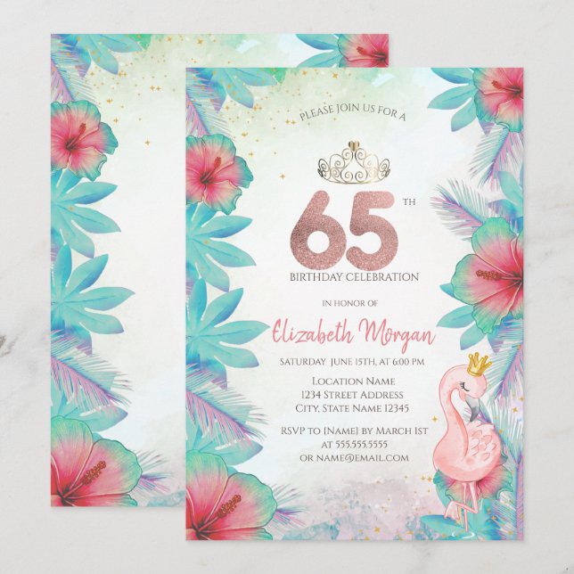 Invitation Feuilles de palmier tropicales Hibiscus Flamant ro (Devant / Derrière)