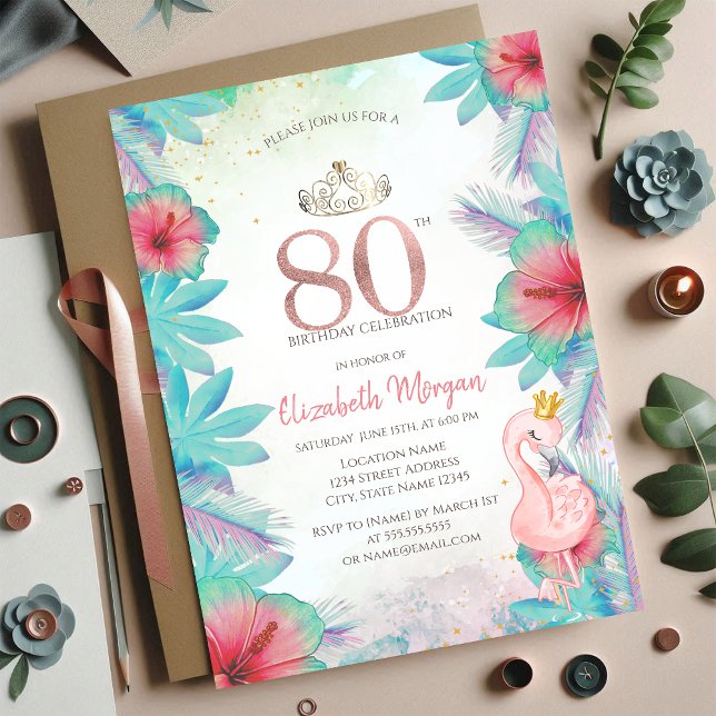 Invitation Feuilles de palmier tropicales Hibiscus Flamant Ro (Créateur téléchargé)
