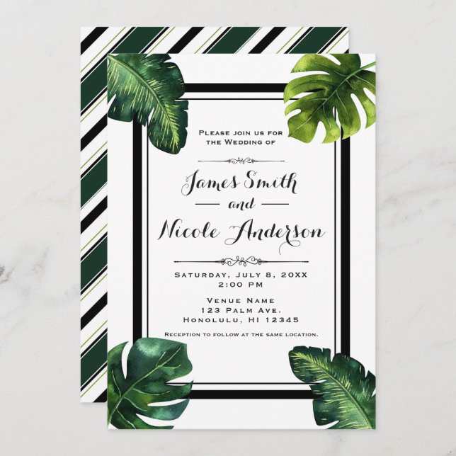 Invitation Feuilles de palmier tropicales Mariage Blanc Vert  (Devant / Derrière)