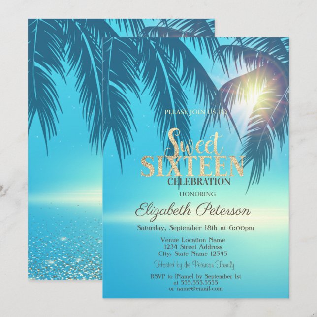 Invitation Feuilles de Palmier Tropicales Sweet 16  (Devant / Derrière)