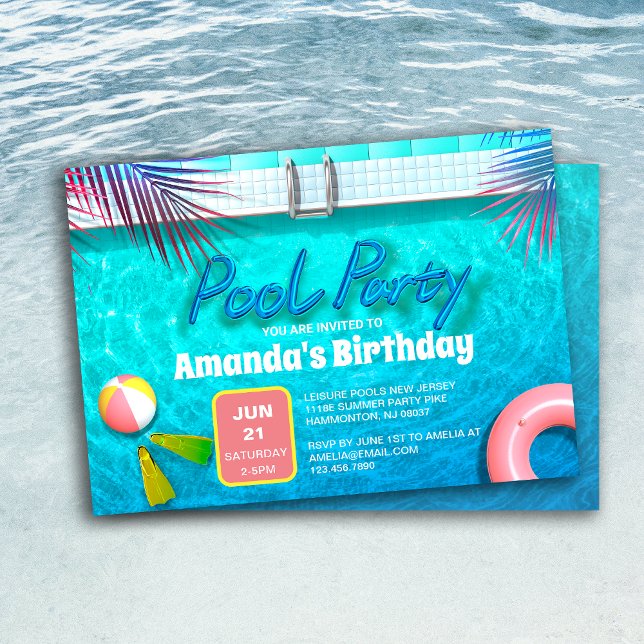 Invitation Feuilles de palmiers et Anniversaire de enfant de  (Palm Leaves & Summer Pool Party Kids Birthday Invitation)