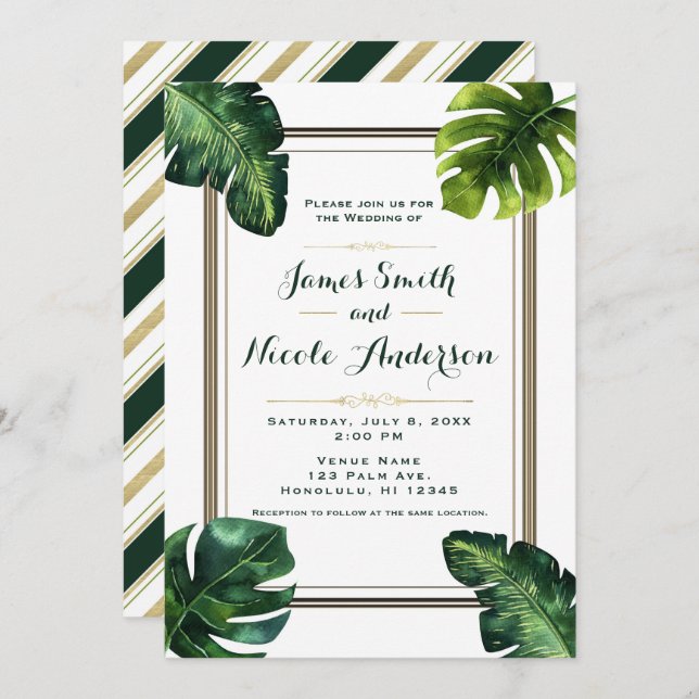 Invitation Feuilles de palmiers tropicaux mariage blanc vert  (Devant / Derrière)