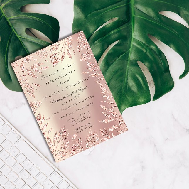 Invitation Feuilles de Parties scintillant rose Rose Or Cadre (Pink Rose Gold Glitter Leafs Floral Frame Pearly Invitation)