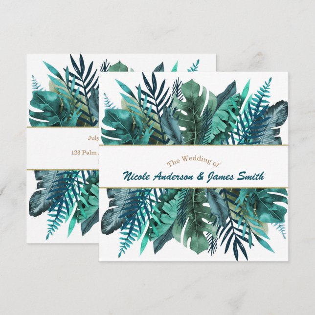 Invitation Feuilles de Teal Vert Tropical Élégant Mariage Bla (Devant / Derrière)