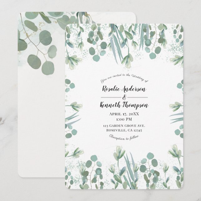 Invitation Feuilles de verdure d'eucalyptus rustique pour mar (Devant / Derrière)