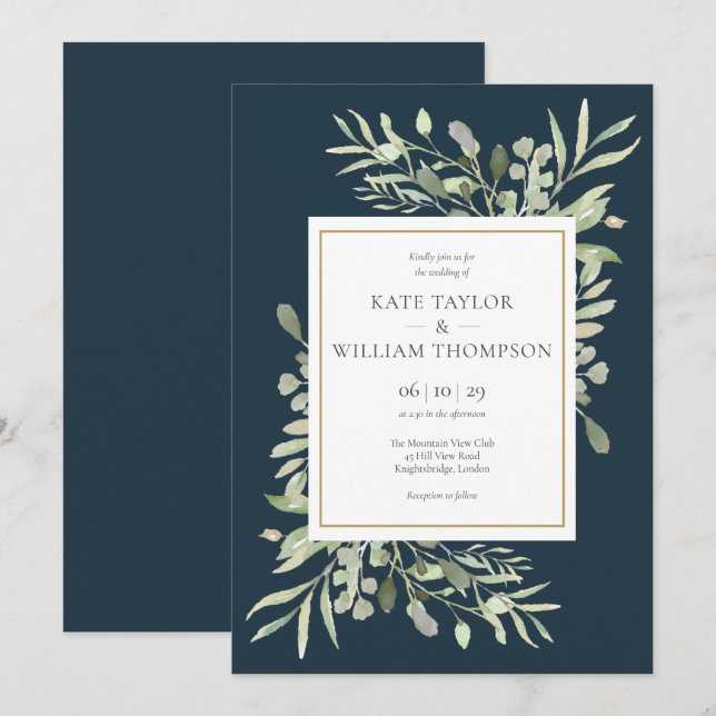 Invitation Feuilles de verdure Mariage Bleu Or Profonde Mer (Devant / Derrière)