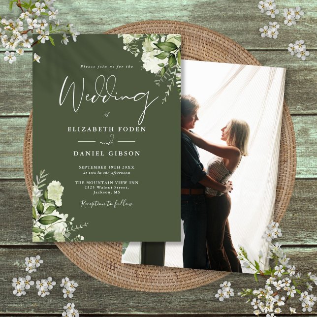 Invitation Feuilles de verdure vert olive Élégant Photo Maria (Olive Green Greenery Leaves Elegant Photo Wedding Invitation)