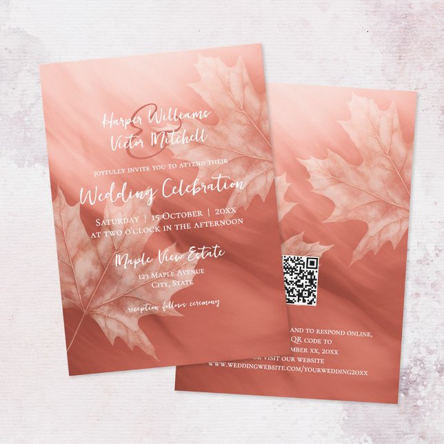 Invitation feuilles d'érable en terre cuite accent tout en un (front & back views)