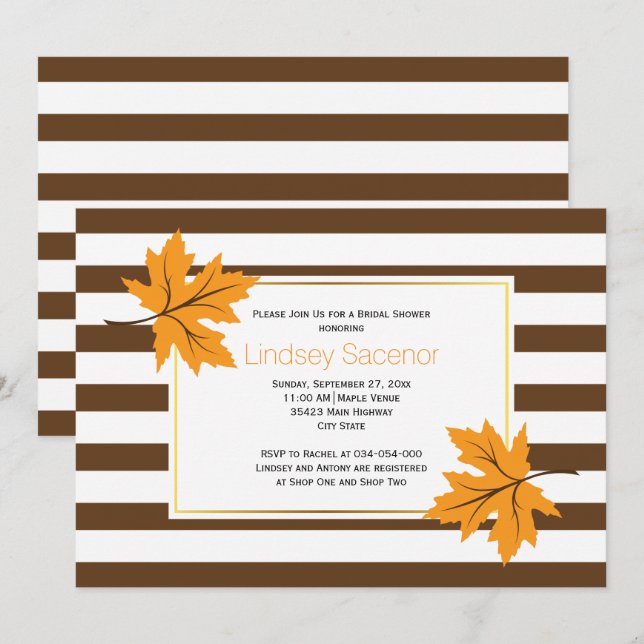 Invitation Feuilles d'érable et rayures mariage de automne do (Devant / Derrière)