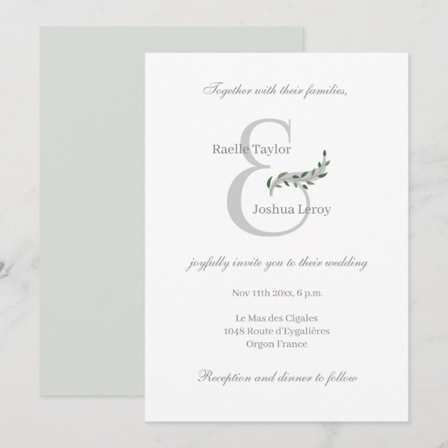 Invitation Feuilles d'eucalyptus esperluette mariage gris bla (Devant / Derrière)