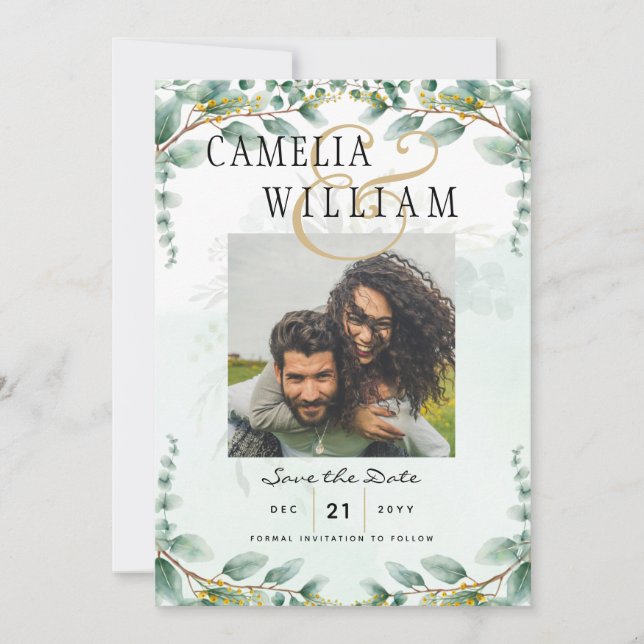Invitation Feuilles d'Eucalyptus MARIAGE OR QR CODE BUDGET (Devant)