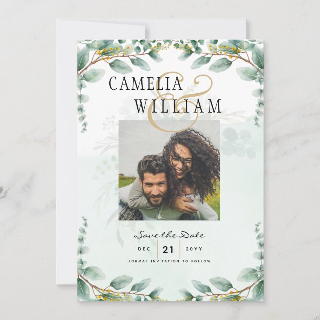 Invitation Feuilles d'Eucalyptus MARIAGE OR QR CODE BUDGET (Devant)
