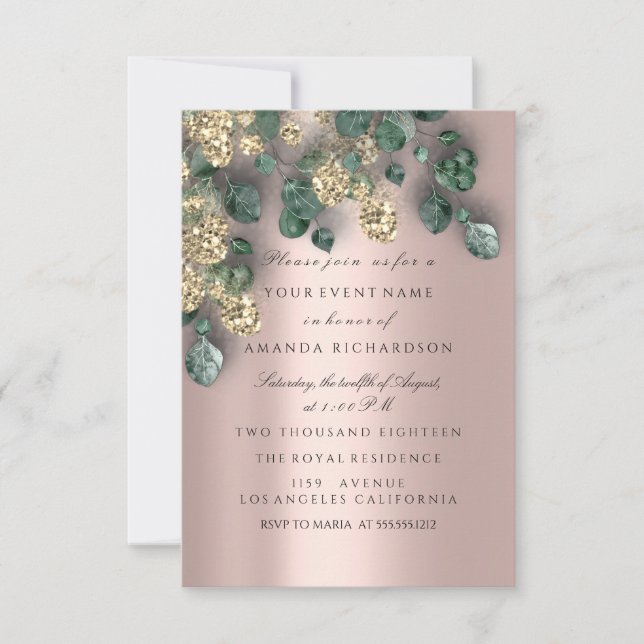 Invitation Feuilles d'eucalyptus Rose Or Pailleté (Devant)