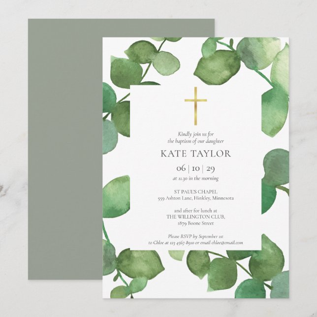 Invitation Feuilles d'eucalyptus Verdure Baptême (Devant / Derrière)