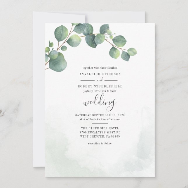 Invitation Feuilles d'eucalyptus verdure mariage script (Devant)