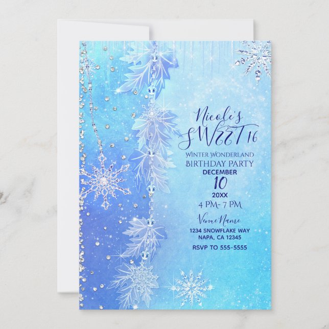 Invitation Feuilles d'hiver bleues et flocons de neige Fête d (Devant)