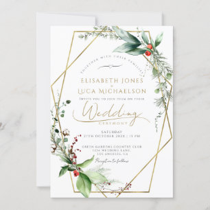 Invitation Feuilles d'hiver élégant Berry Gold Monogram Maria