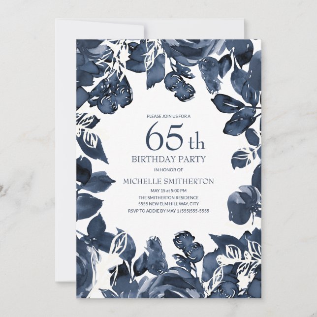 Invitation Feuilles d'indigo bleu marine pour 65e anniversair (Devant)