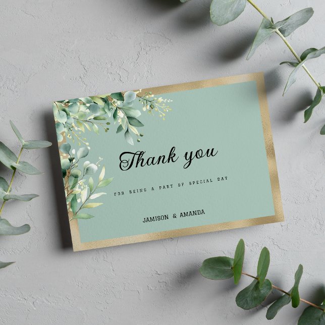 Invitation Feuilles d'olive eucalyptus or moutarde rustique M (Rustic mint gold eucalyptus olive leaves Thank You)