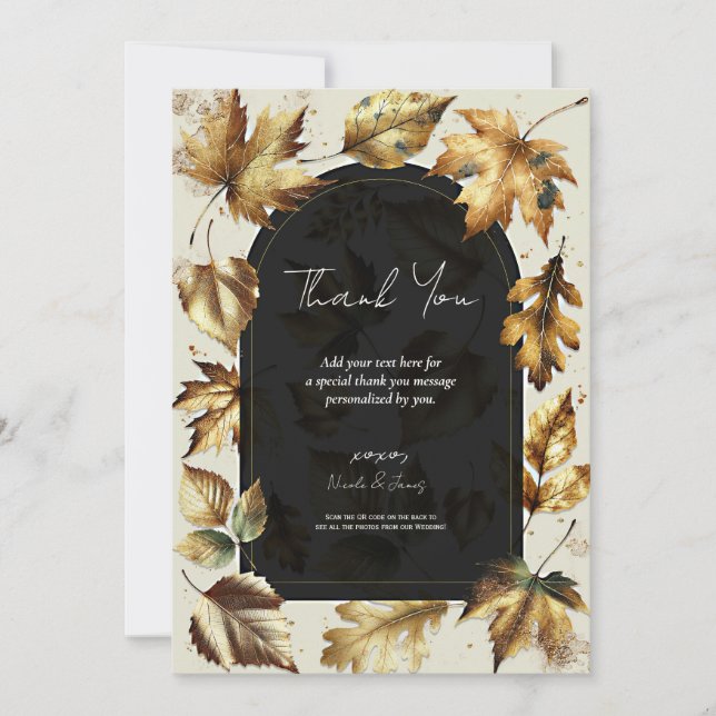 Invitation Feuilles d'Or Amande Beige & Noir Glam Merci (Devant)