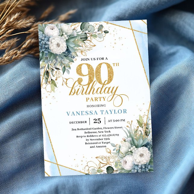 Invitation Feuilles d'or bleu pâle chic doux 90e anniversaire (Pale blue gold leaves soft chic 90th birthday invitation)