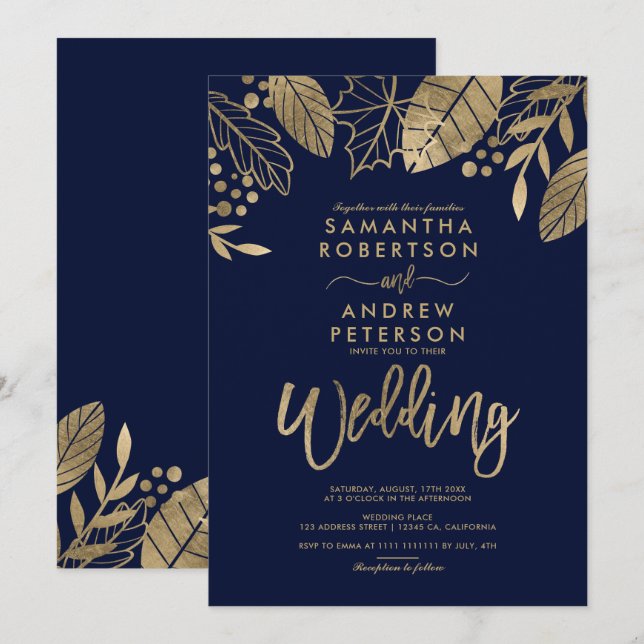 Invitation feuilles d'or chute typographie mariage bleu marin (Devant / Derrière)