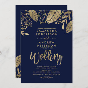 Invitation feuilles d'or chute typographie mariage bleu marin