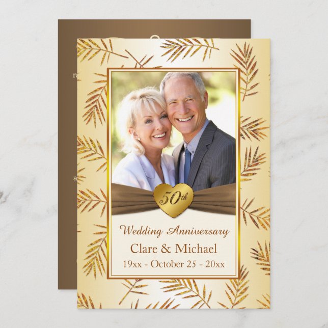 Invitation Feuilles d'or, coeur 50e anniversaire de Mariage (Devant / Derrière)