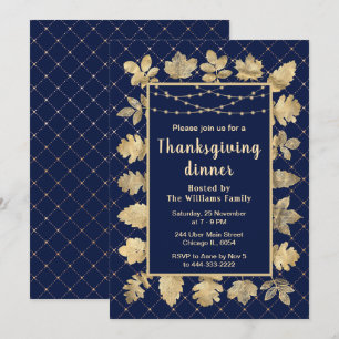 Invitation Feuilles d'or d'automne Thanksgiving Dinner Navy
