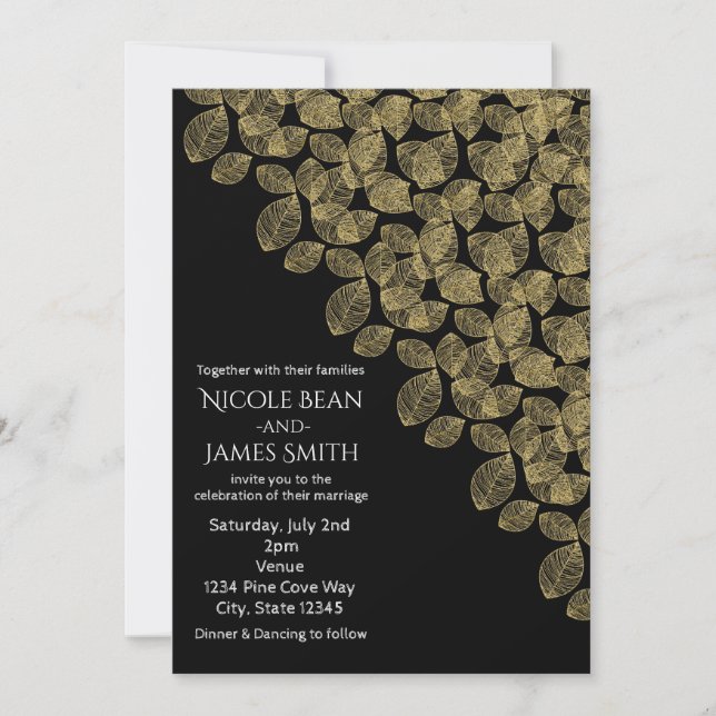 Invitation Feuilles d'Or Élégance Automne Noir Mariage (Devant)