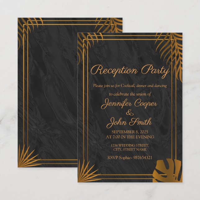 Invitation Feuilles d'or et cadre géométrique Réception moder (Devant / Derrière)