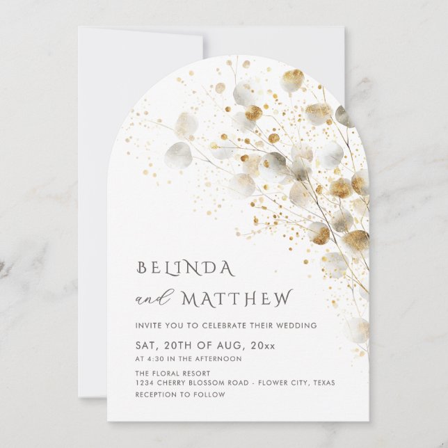 Invitation Feuilles d'or et d'argent Fleurs aquarelle Arche m (Devant)