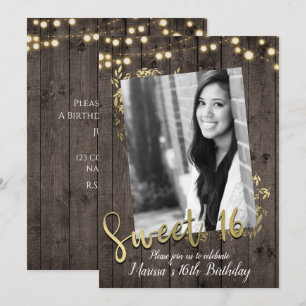 Invitation Feuilles d'or et éclairs Rustic Dark Wood Sweet 16
