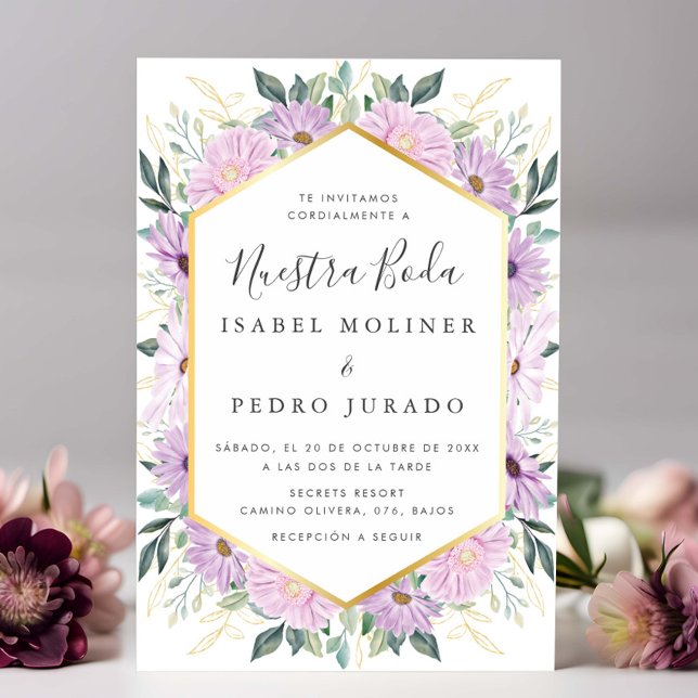Invitation Feuilles d'or floral violet Nuestra Boda Mariage (Créateur téléchargé)