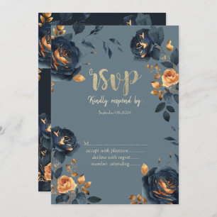 Invitation Feuilles d'or RSVP Marine Blue Flowers