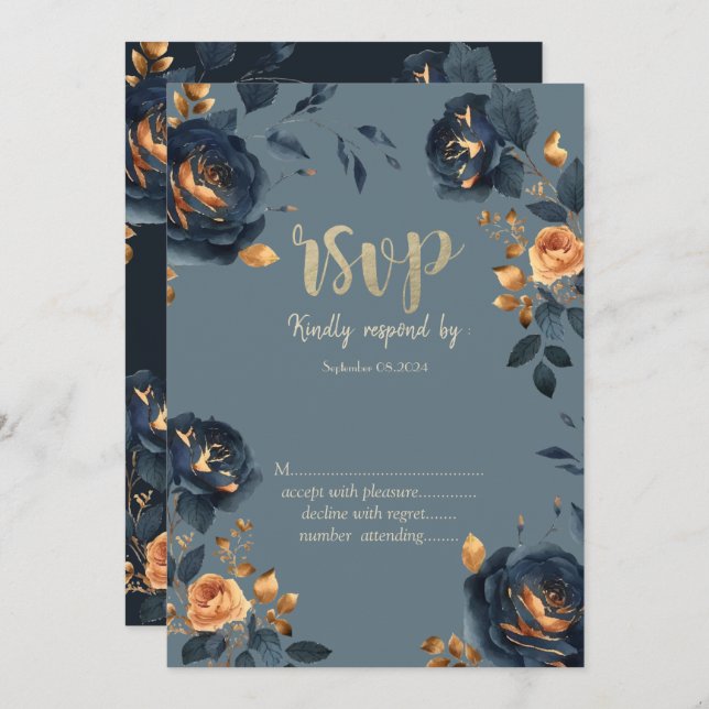 Invitation Feuilles d'or RSVP Marine Blue Flowers (Devant / Derrière)