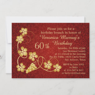 Invitation feuilles d'or sur la vigne, damas rouge 60e annive