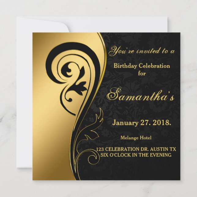 Invitation Feuilles d'or, tourbillons, damas noir, 50e annive (Dos)