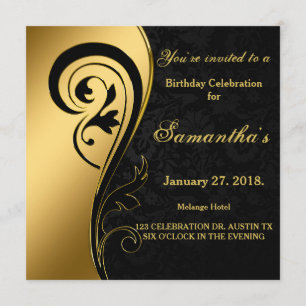 Invitation Feuilles d'or, tourbillons, damas noir, 50e annive