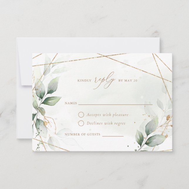 Invitation Feuilles d'or verdure Mariage géométrique RSVP (Devant)