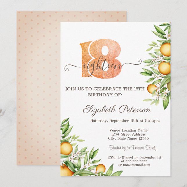 Invitation Feuilles d'Orange Citrus 18e Anniversaire  (Devant / Derrière)