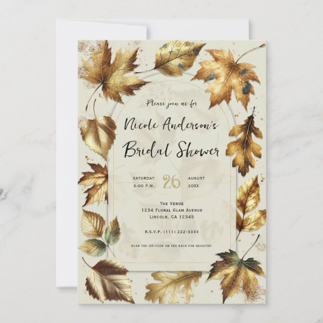 Invitation Feuilles dorées Abricot beige Glam Automne Enterre (Devant)